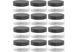 BALLHULL 2oz Plastic Cosmetic Jars Leak Proof Clear Container with Black Lid for Cream, Lotion, Powder, ointment, Beauty Products etc, 12 Pcs.