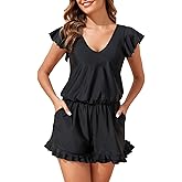 Smismivo Swim Romper Ruffle One Piece Swimsuit with Shorts Women Bathing Suit with Mesh Pockets and Built in Bra