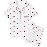 QZH.DUAO Girls & Women's Pajamas Set 100% Cotton PJ Set Button-Down Short Sleeve Sleepwear for Ages 5-14