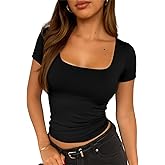 ForeFair Women's Square Neck Going Out Tops Double Lined Short Sleeve Basic Tight Tee Shirts