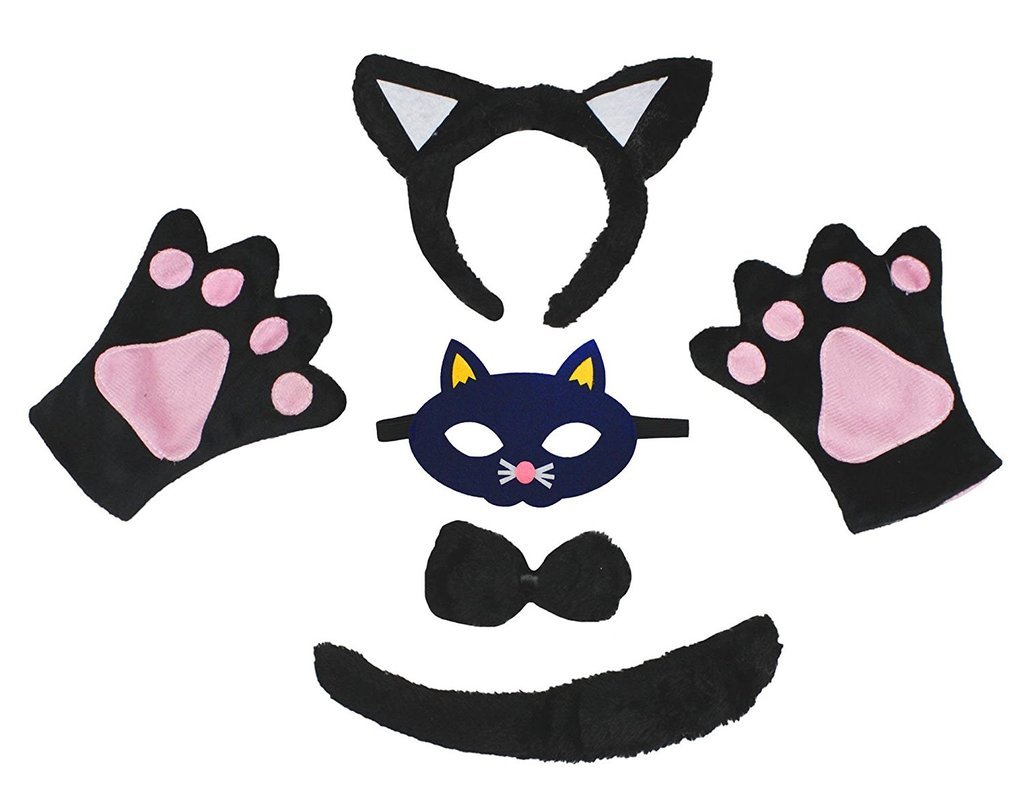 Petitebelle Animal Headband Bowtie Tail Gloves Mask 5pc Children Costume 1-5y (Black Cat)