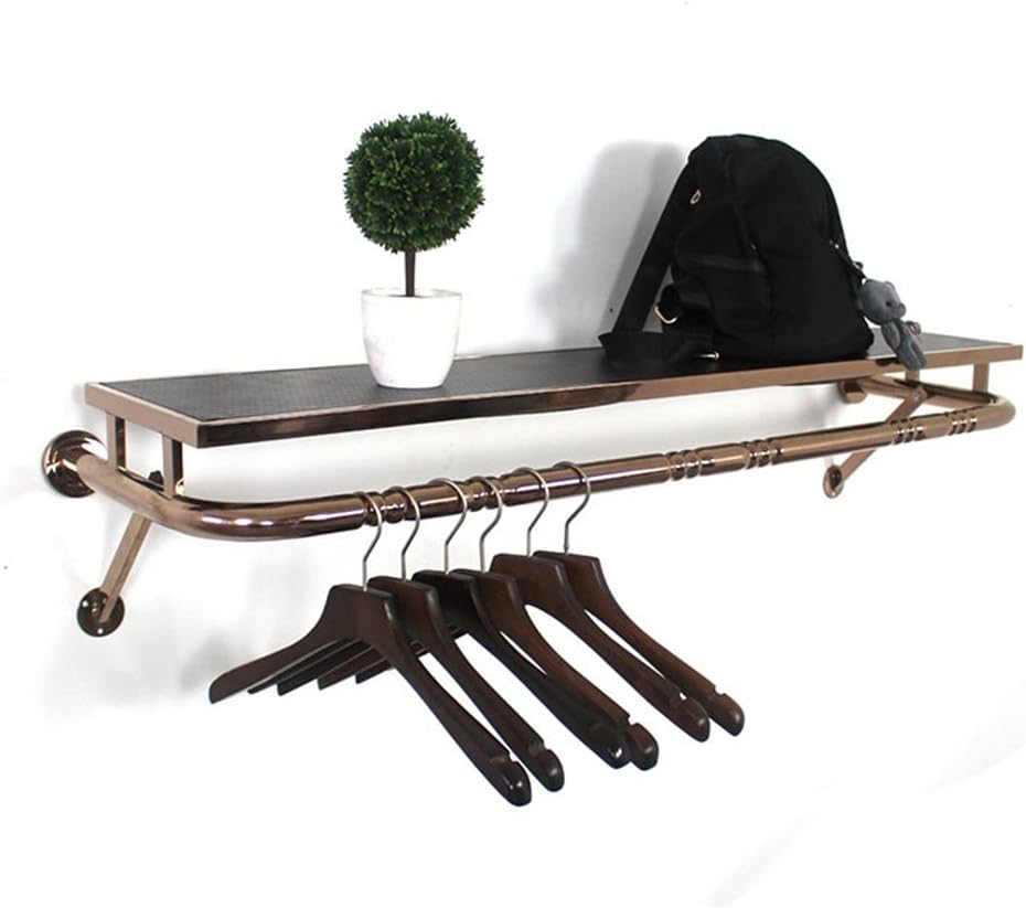 ZHIRONG Hangers Vintage Industrial Style Clothing Store Display Shelf Iron Art Wall Hanging Stainless Steel Plate Rose Gold Storage Rack Bedroom Finishing Rack 60CM,80CM,100CM,120CM ( Size : 120*30CM )