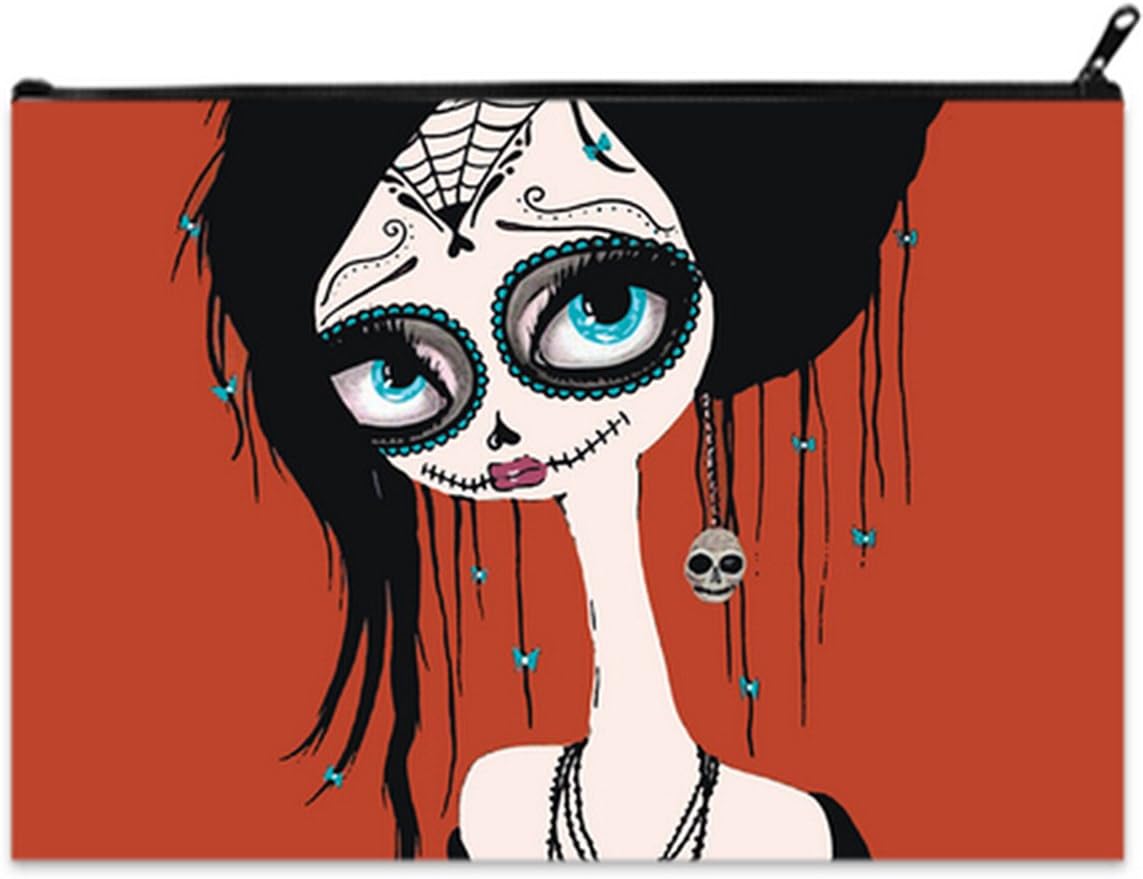 Female Fashion X-Large Size Travel Toiletry Cosmetic Makeup Bag Coin Purse Currency Bags with Zipper Day of the Dead Sugar Skull Girl Print.