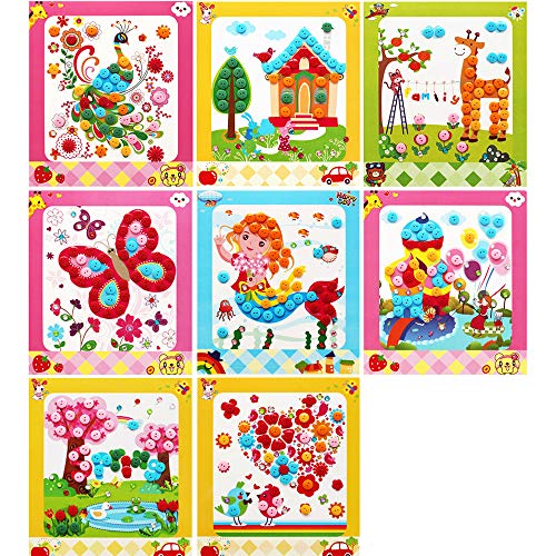 Lovyan Colorful Sticky Buttons and Diamonds Paintings Mosaic Sticker Art Sticky DIY Handmade Art Kits for Kids, Set of 8 (A)