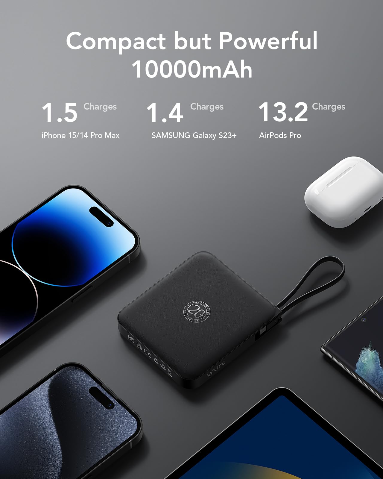 VRURC Portable Charger with Built-in Cable, 10000mAh 22.5W Fast Charging USB C Battery Pack, Cell Phone Power Bank for iPhone 16 15 14 Samsung Galaxy S25 S24 S23 Series Android Tablet, Black(1 Pack)
