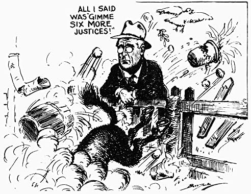 Cartoon Court Packing C1937 All I Said Was Gimme Six More Justices American Cartoon Showing The Democratic Donkey Kicking Up A Storm In Opposition To President Roosevelts 1937 Supreme Court Reform Or