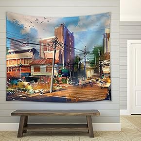 Digital Painting Showing Street Scene with Urban Traffic on a Beautiful Sunny Day - Fabric Wall Tapestry Home Decor - 51x60 inches
