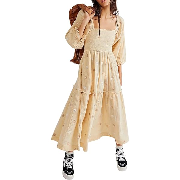 ABYOVRT Women Floral Embroidered Maxi Dress Long Puff Sleeve Square Neck Bohemian Flowy Dress with Pockets Summer Fall (Beige,S) at Amazon Women's Clothing store ABYOVRT Women Floral Embroidered Maxi Dress Long Puff Sleeve Square Neck Bohemian Flowy Dress with Pockets Summer Fall (Beige,S) at Amazon Women's Clothing store