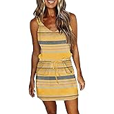 Womens Summer Trendy Striped Dresses Sleeveless Halter Strap Mini Dress with Pockets
