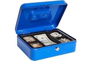 Cash Box with Money Tray and Lock, Lovndi Metal money Box for Cash, Lockbox 9.84 x 7.87 x 3.54 Inches, Blue