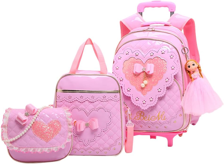 3 Pcs Rolling Trolley Backpack Wheeled Bookbag Set - Waterproof Bags Carry On Suitcase for Pupils Primary School Students besbomig