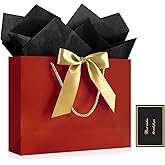 YoungTree Gift Bag with Tissue Papers and 1 Greeting Card Ribbon, Portable Paper Birthday Gift Bag with Handles, Elegant Present Bags for Valentines Day Wedding Engagement Party Supplies (Red)