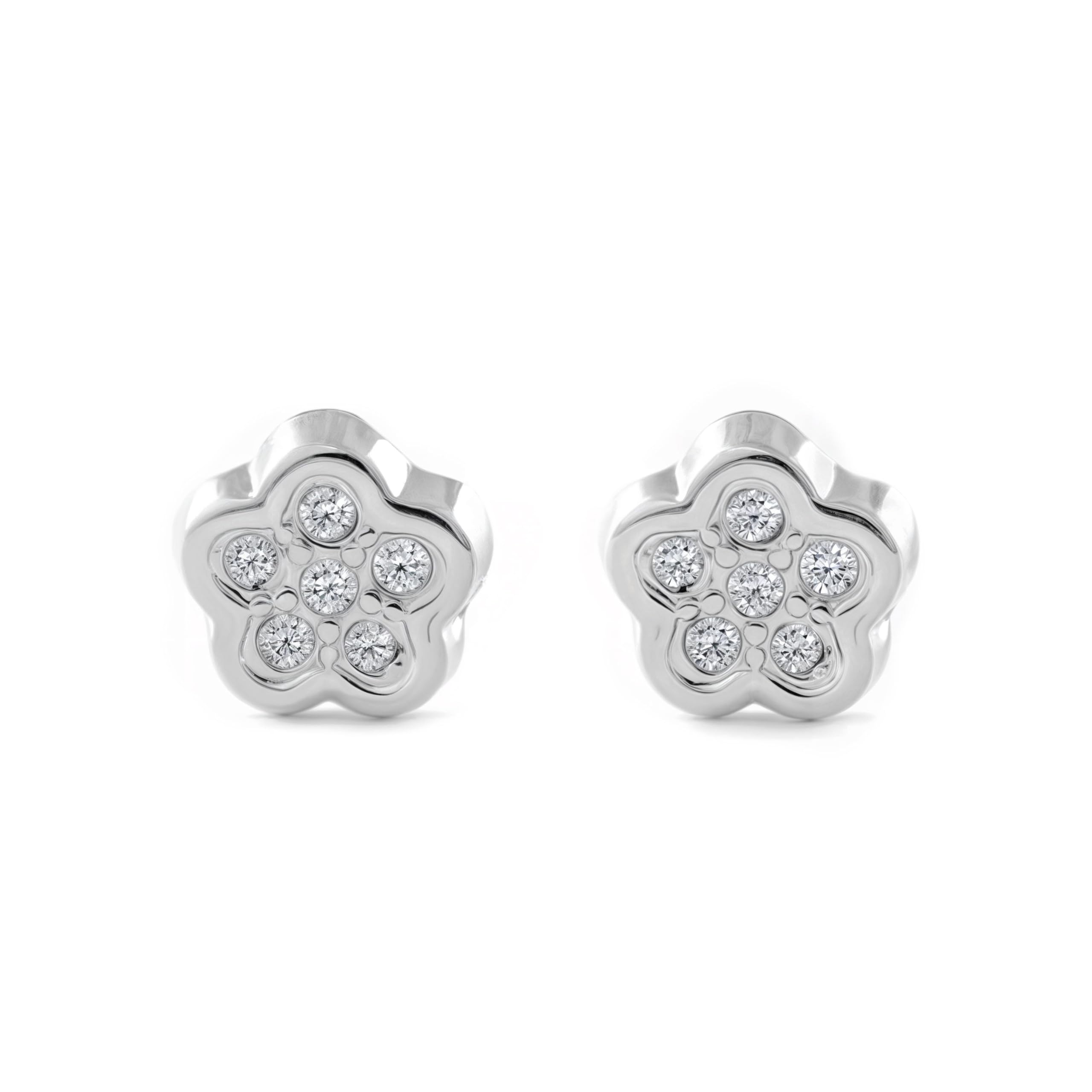 Mondepetit - 9ct White Gold Flower Cubic Zirconias Children's Baby Girls Earrings shine