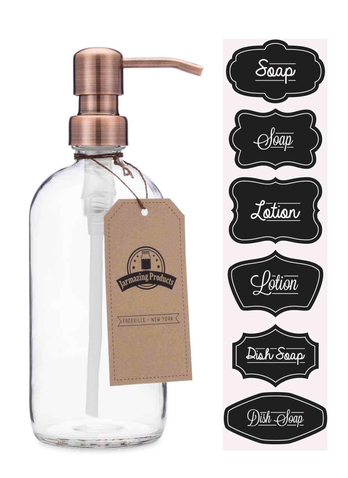 jarmazing Products Clear Glass Pint Jar Soap and Lotion Dispenser with Metal Pump - Copper