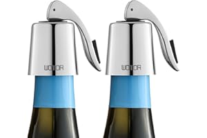 WOTOR Stainless Steel Wine Bottle Stoppers with Silicone - Reusable Wine Saver and Decorative Bottle Sealer, Leakproof, Keep Fresh, Silver, 2 Pack