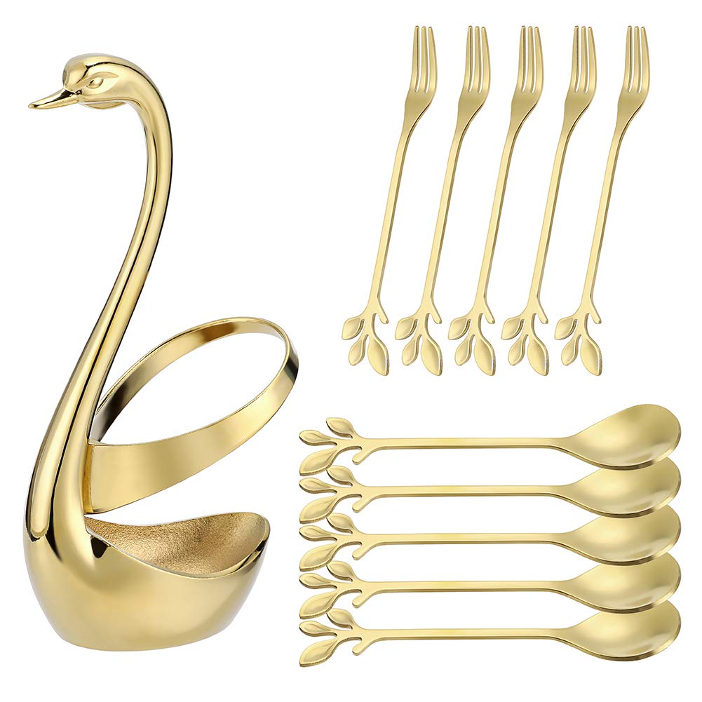 AnSaw Gold Swan Base Holder Set with 10 Pcs 4.7" Mini Leaf Teaspoons & Dessert Forks - Perfect for Appetizers,Salads,Cakes,Fruits,Cocktails,Tea,Espresso - Beautify Your Charcuterie Board Layout