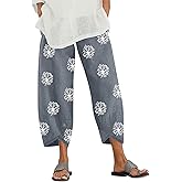 WODOLL Linen Capri Pants for Womens Casual Cotton Cropped Elastic Waist Lounge Baggy Palazzo Trousers with Pockets
