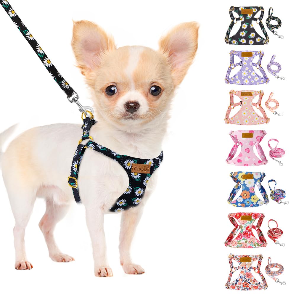 Photo 1 of SlowTon No Pull Dog Harness with Leash - Soft Lightweight Floral Pattern Puppy Harness, Adjustable Pet Harness for Small Medium Dogs (Black Daisy XXS)