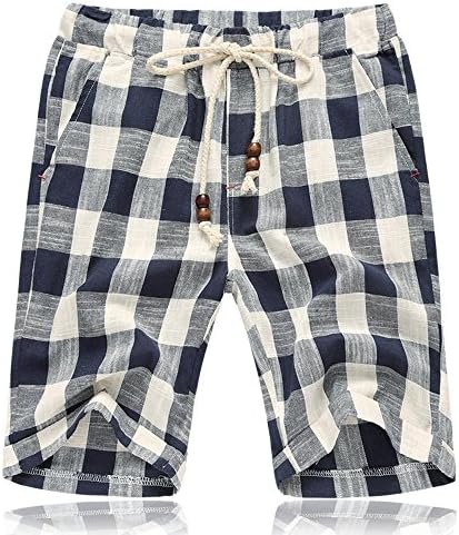 Kaxima Men's big size plaid linen five pants straight tube casual pants youth cotton linen beach pants Male