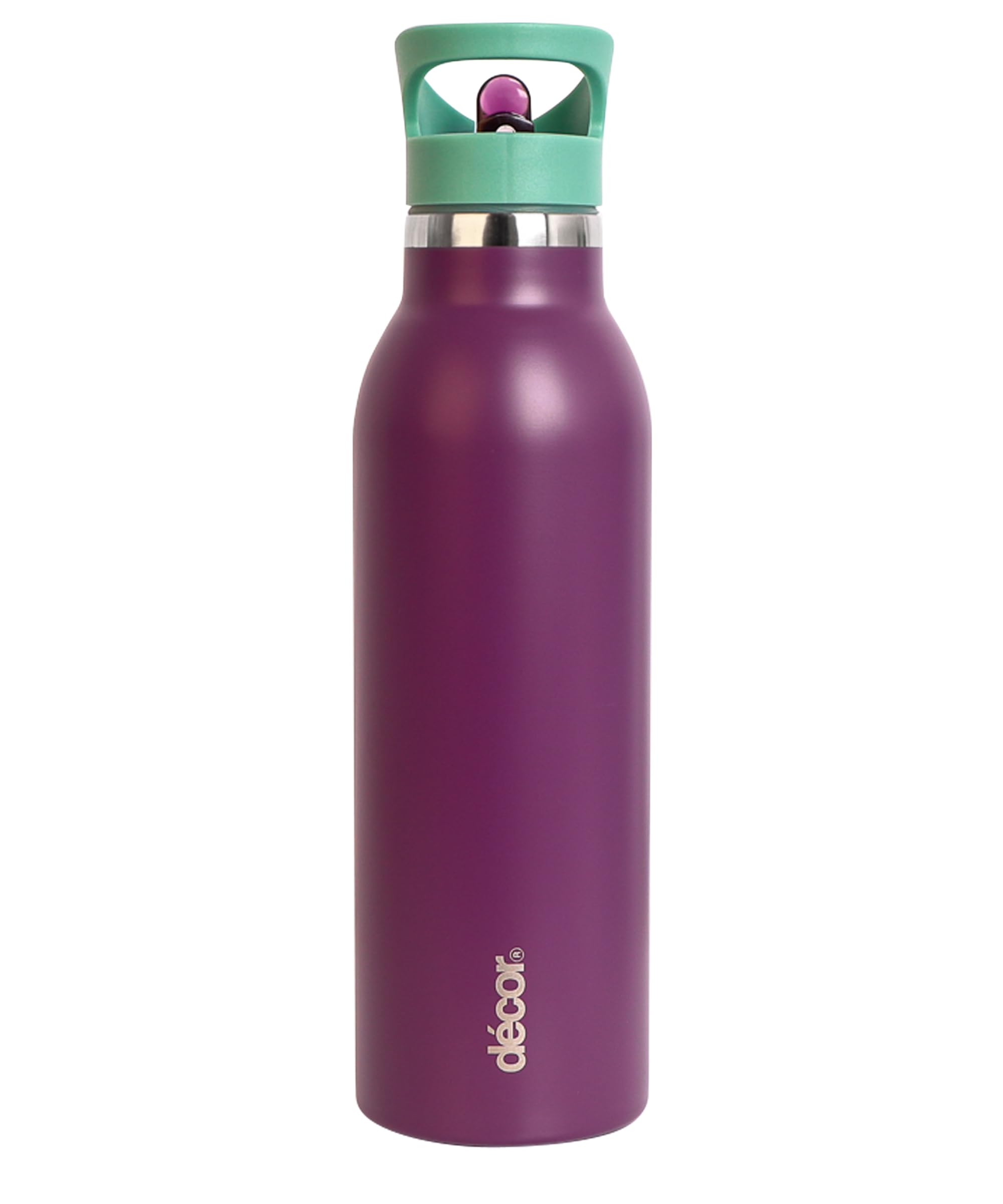 Décor Snap n Seal 600ml Stainless Steel Water Bottle with Straw, BPA Free Leakproof Metal Flask with Carry Handle for School, Travel, Work & Gym - Ideal Drinking Bottle for Kids & Adults - Dark Purple