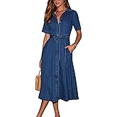 utcoco Women's Denim Shirt Dress with Belt Elegant Short Sleeve Button Down Midi Dress with Pockets