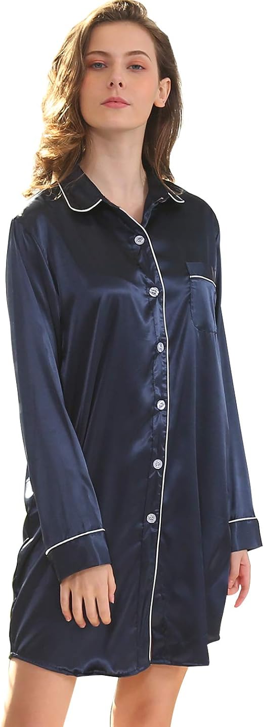 Shymay Women's Satin Sleep Shirt Long Sleeve Pajama Top Boyfriend Shirt