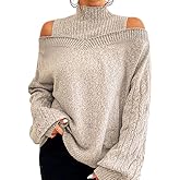 ZOCAVIA Women's Turtleneck Cold Shoulder Sweaters Long Puff Sleeve Sweaters Cable Knit Pearl Loose Pullover Jumper Tops