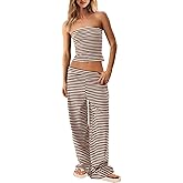 UNIANKIYA Womens Striped 2 Piece Lounge Set Strapless Tube Top and Wide Leg Pants Summer Beach Vacation Outfits Travel Set