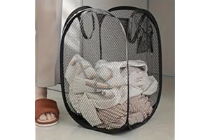 Pop Up Mesh Laundry Hamper Collapsible Fabric Basket High Capacity Unlined Storage Bin for Laundry Room Bathroom Bedroom, Bla
