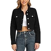 PEIQI Women’s Cropped Jean Denim Jacket Button Down Long Sleeve with Pockets