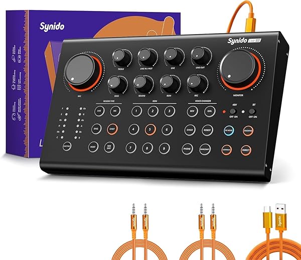 SYNIDO PODCAST EQUIPMENT SOUND CARD, AUDIO INTERFACE MIXER WITH PRO-PREAMP, 48V PHANTOM, 9 CUSTOMIZE SOUND PADS, XLR, 1/4″, 1/8″ INPUTS FOR LIVE STREAMING/MUSIC RECORDING/GAMING/PC/GUITAR, BLACK