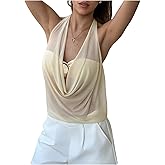 MakeMeChic Women's Mesh Tie Open Back Halter Tops Draped Y2k Tank with Metal Ring Bendeau Bra