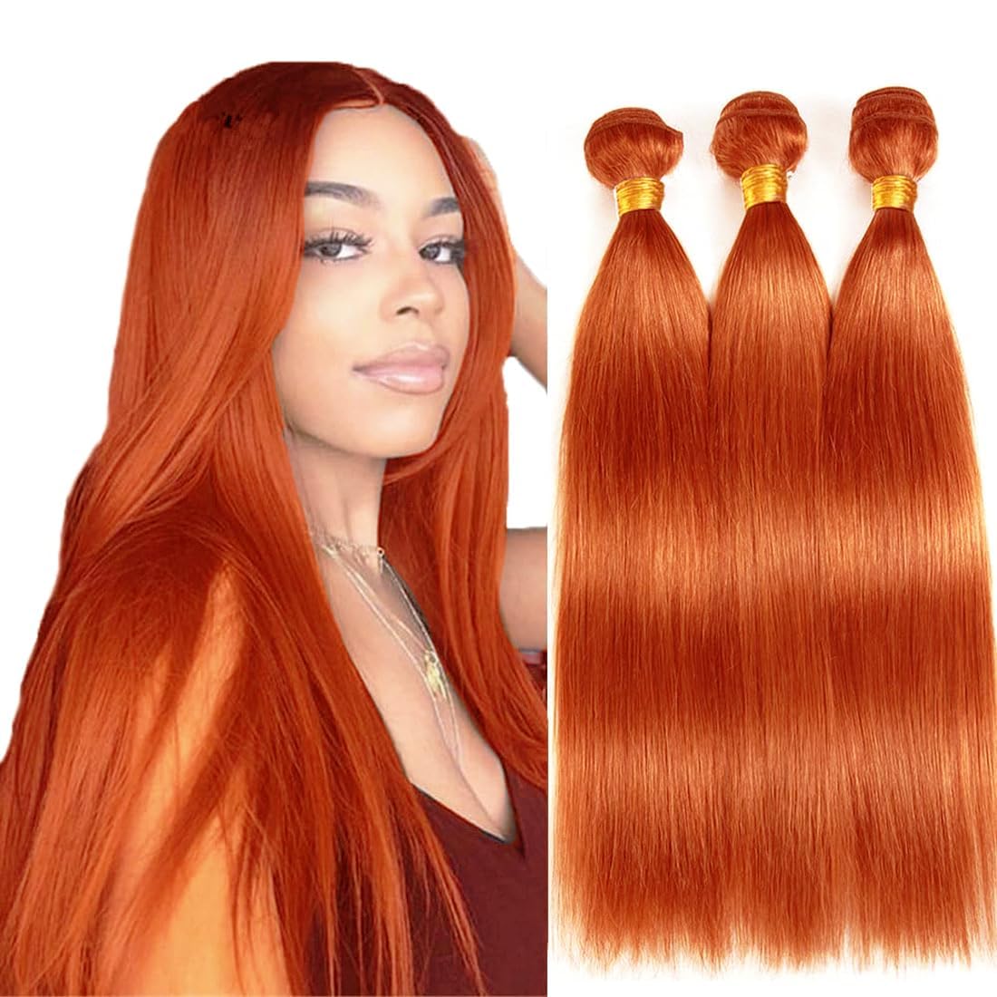 Photo 1 of Peenoll 14 16 18 inch Orange 350 Yaki Wave Bundles Human Hair Brazilian Remy Yaki Wave Bundles Unprocessed Soft Sewn In Hair for Black Women with Double Weft