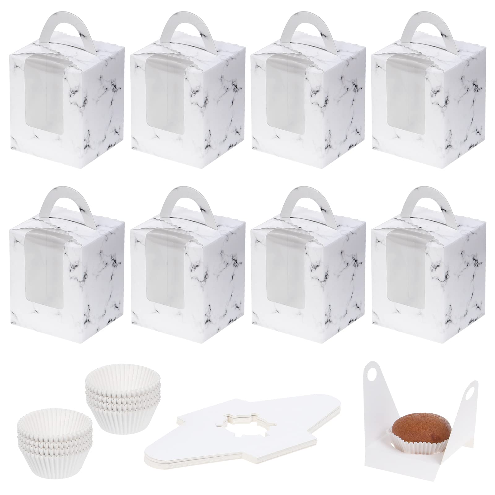 Coolty 50pcs Cupcake Boxes 1 Hole Cardboard Packaging Boxes Bakery Pastry Boxes with Handle, Window and Inserts for Cookies Muffins Cupcakes Desserts Pies (Marble White)