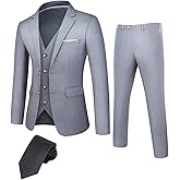 DEETRUST Men's 3 Piece Slim Fit Suit Set, 2 Button Blazer Jacket Vest Pants with Tie, Mens Suit for Party, Wedding & Business