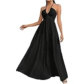 SHENHE Women's Deep V Neck Tie Knot Backless Halter Dress A Line Flowy Ruffle Maxi Dress