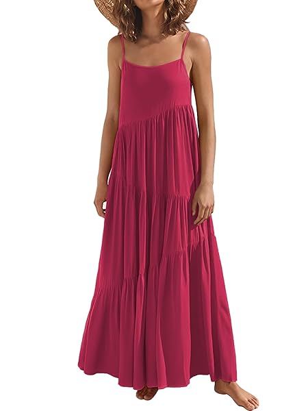 LCRRRN WOMENS FLOWY SUMMER DRESSES 2025 CASUAL LONG SLEEVELESS SPAGHETTI STRAP SUNDRESS ASYMMETRIC TIERED BEACH MAXI DRESS ROSE RED