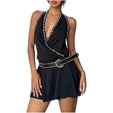 MakeMeChic Women's Rivet Studded Halter Mini Dress Wrap High Waisted A Line Y2K Punk Dresses