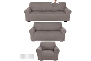 Peryiter 3 Pcs Slipcover Set for Couch Furniture Covers for Sofa Loveseat Couch Arm Chair, Form Fit Stretch, Wrinkle Free, Furniture Protector(Taupe,Milk Silk Spandex)