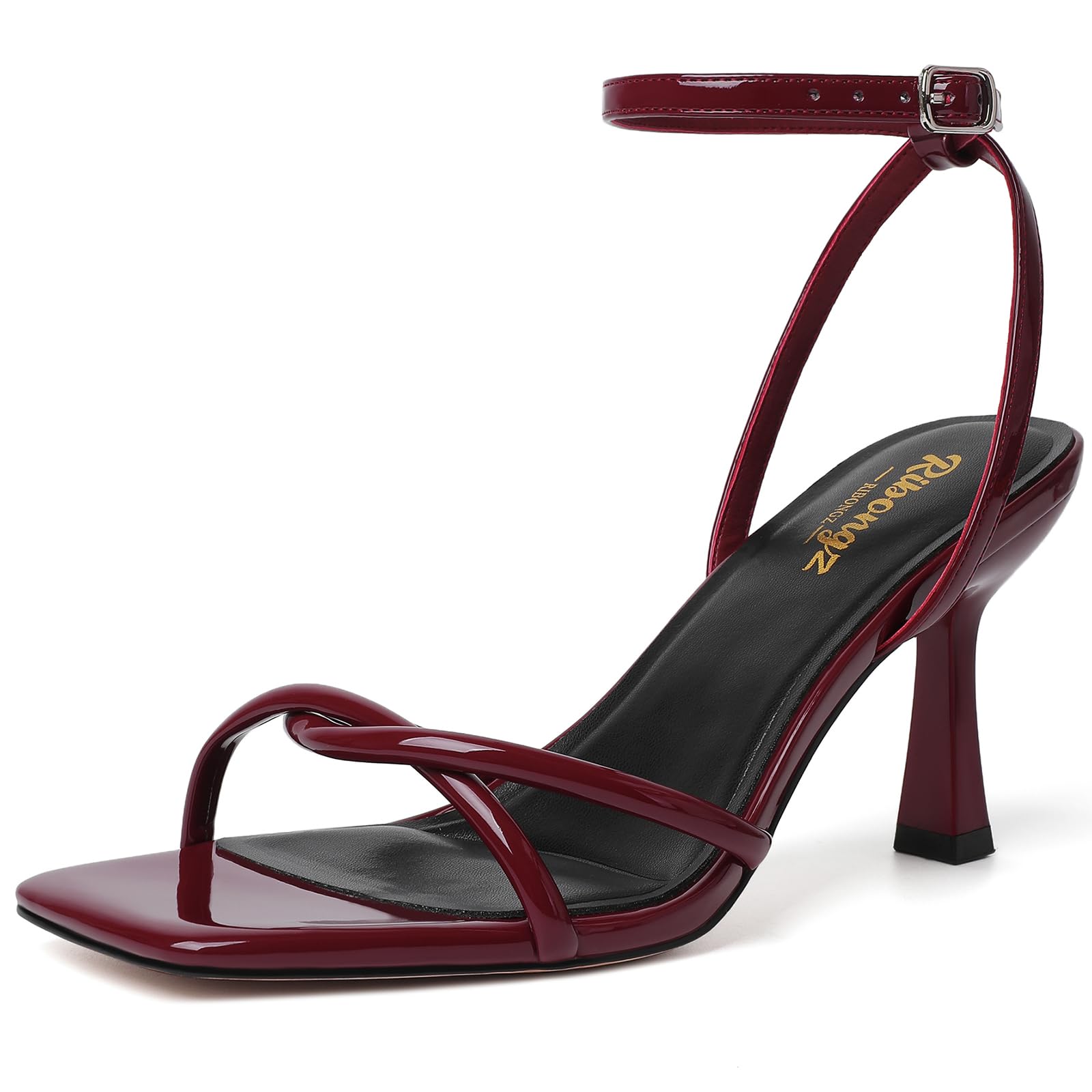 Photo 1 of RIBONGZ Women's Heeled Burgundy Sandals Square Open Toe Kitten Strappy Maroon Heels with Ankle Strap Elegant Summer Wedding Party Evening Prom Daily Wear Lace Up Dress Shoes 7