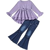 HSOXLQF Kid Toddler Girl Clothes Bowknot Ruffle Sleeve Top + Denim Bell Bottom Jeans Pants 2PC Fall Winter Outfit Set