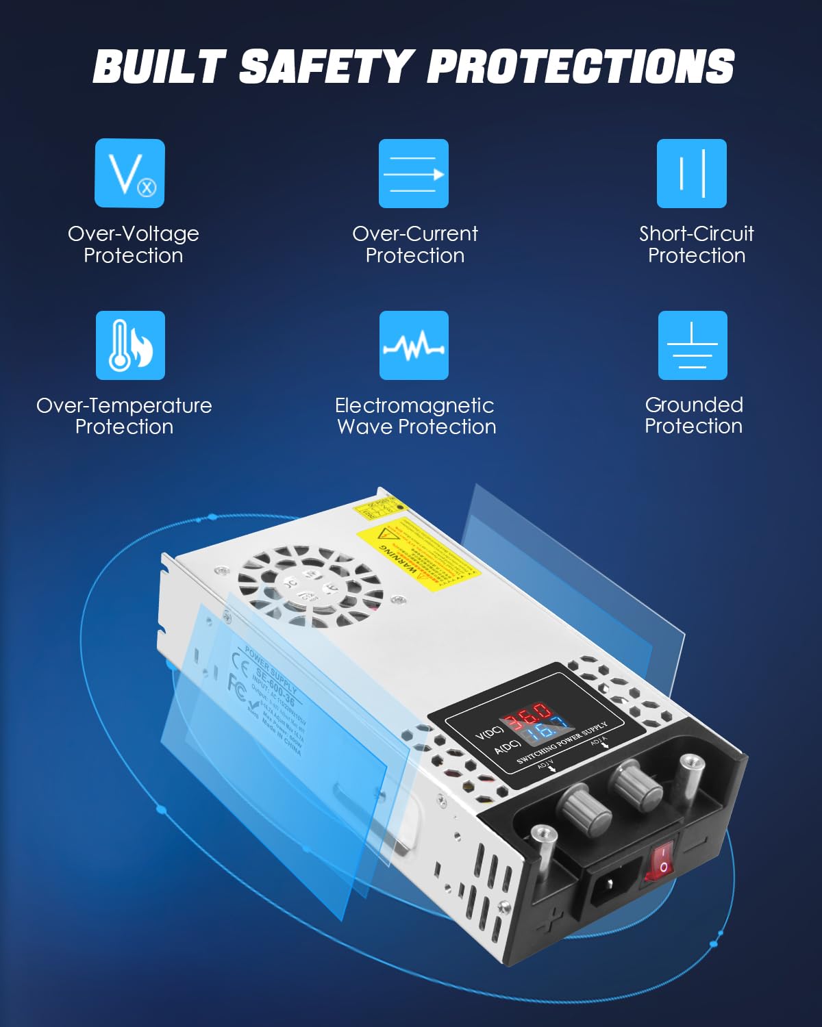 SHNITPWR 600W Adjustable Power Supply Variable 110V AC to 24V DC Converter 0-30V 0-25A Universal Switching Power Supply SMPS 26V 24V 18V 12V 9V 5V Transformer with LCD Display for Strip Monitor CCTV