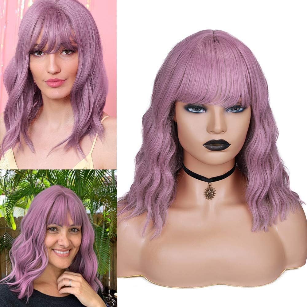 short Wave Pink Bob Wigs With Bangs Shoulder Length Women's Short Wig Curly Wavy Synthetic Cosplay Wig Pastel Wig for Girl Costume Wigs pink Wig