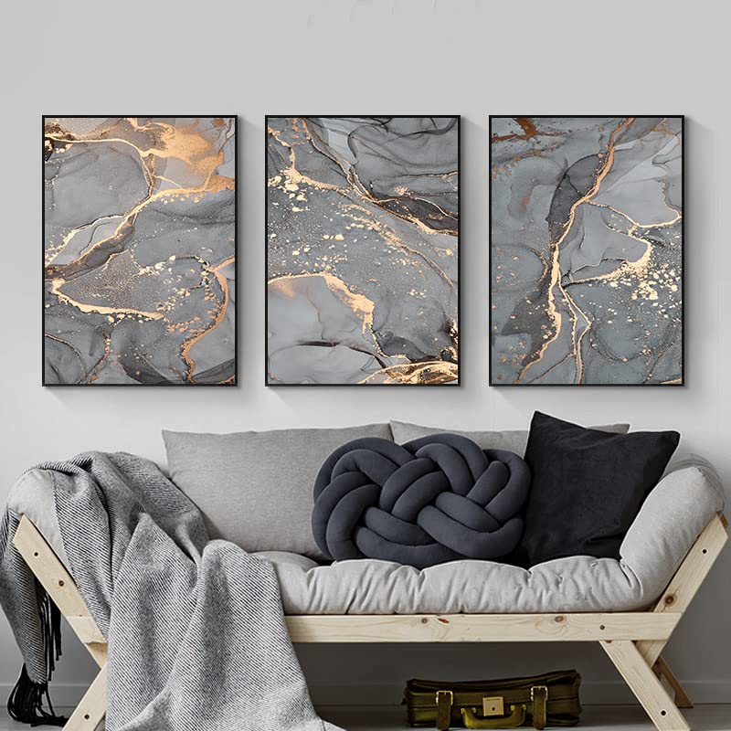 LYBOHO Wall Pictures Living Room Grey Golden Fluid Art Marble Texture Abstract Wall Art Canvas Pictures - Without Frame (Marbled 3, 3PCS-20x30cm) — image 1