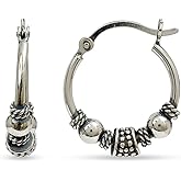 LeCalla 925 Sterling Silver Oxidized Balinese Hoops Earring Jewelry Small Antique Bali Beaded Hoop Earrings for Women