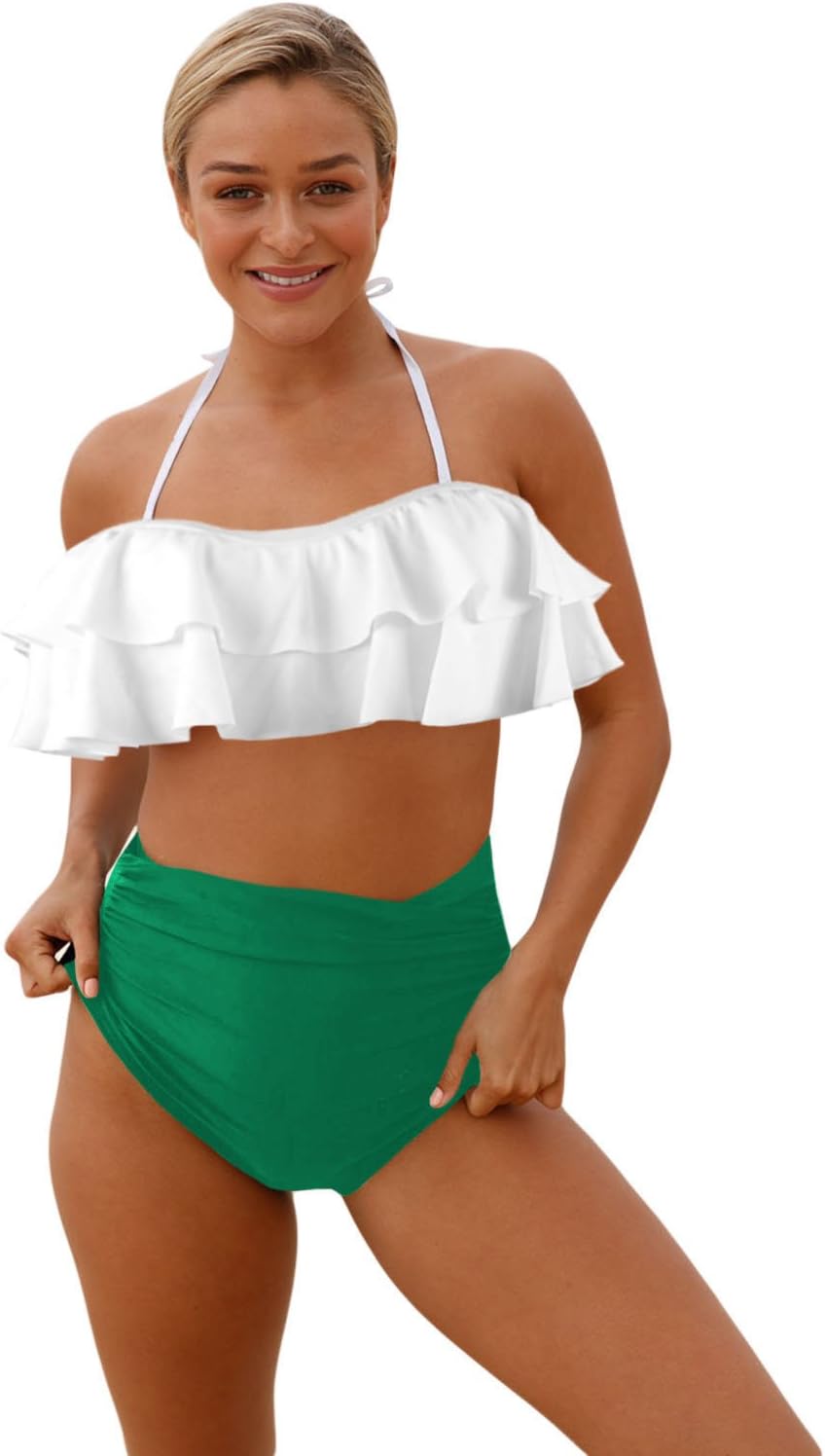 Macochoi Women’s Falbala Swimsuits High Waist Striped Bottom Bikini Set (FBA)