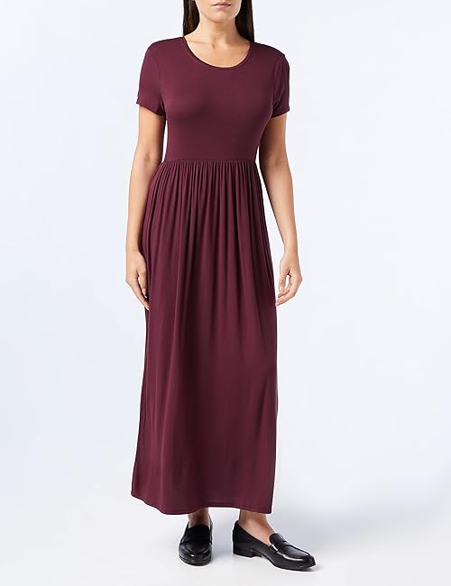Amazon Essentials Women's Short-Sleeve Waisted Maxi Dress (Available in Plus Size), Burgundy, XX-Large