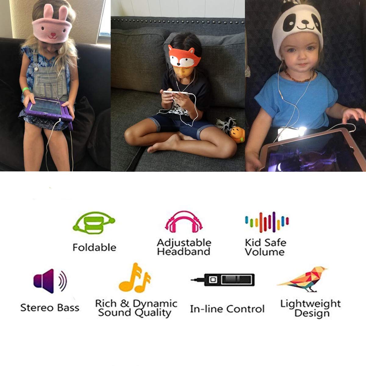 Kids Headphones, Volume Limiting with Ultra Thin Adjustable Speakers Soft Children Fleece Headband Toddler Headphones for Home and Travel - Panda