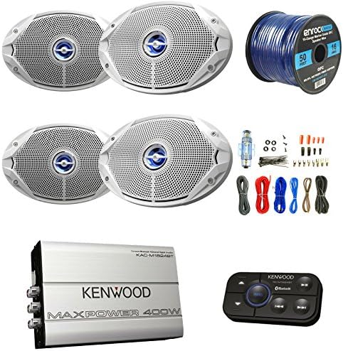 Marine Amp And Speaker Combo Of 4x JBL 6"x9" MS Series 2-Way Coaxial Marine Speakers Bundle With Kenwood 400-Watt 4-Ch. Waterproof Bluetooth Amplifier + Boss Amp Install Kit + Enrock 50Ft 16g Wire