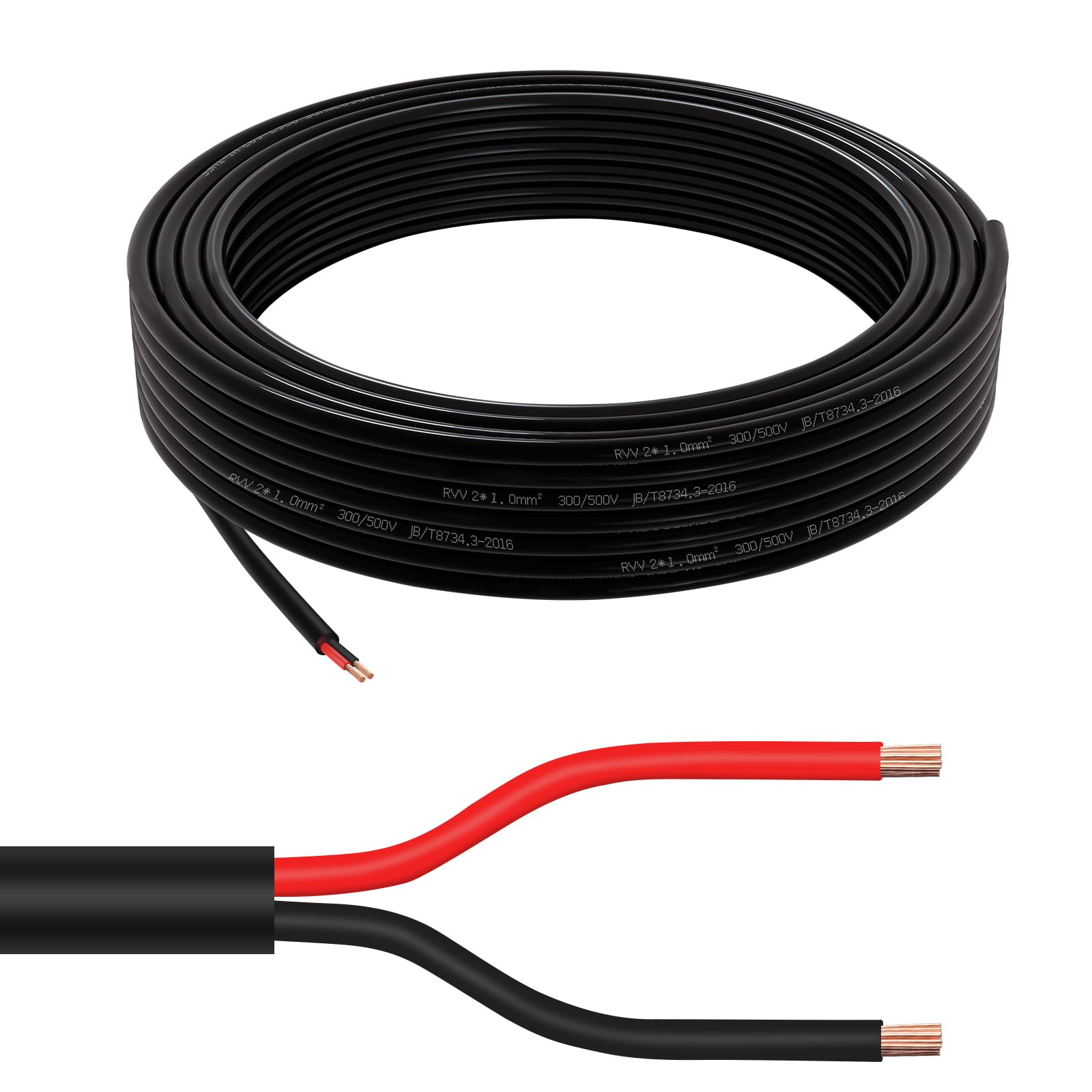 AOHEWEI 2×1.0mm² Round Twin 2 Core Cable 2 Conductor Copper Electrical Wire 5V 12V 24V 60V, Thin Wall Red/Black Automotive Boat Cable 5/10/20/50 Meters